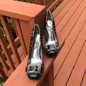 NAUGHTY MONKEY BLACK LEATHER BUCKLE SHOES, SIZE 10